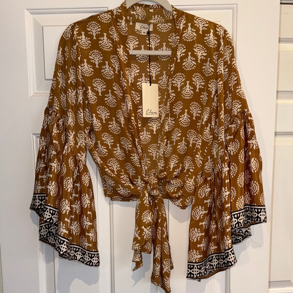 Elan Poppy Cassandra Printed Top Front Kimono - Mustard/White